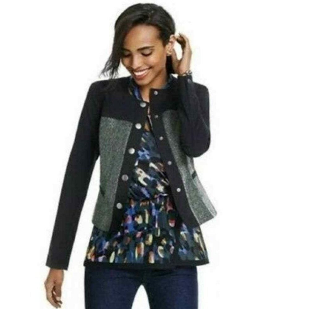 Cabi Black Green Metallic Tweed‎ Textured Panel Crop Casual Jacket Size M